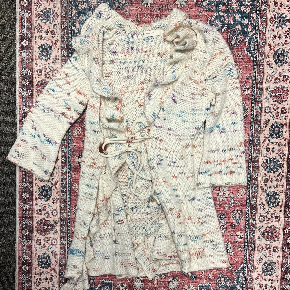 Anthropologie Sleeping on Snow Cream Floral Knit Ruffle Sweater Cardigan - Picture 3 of 9